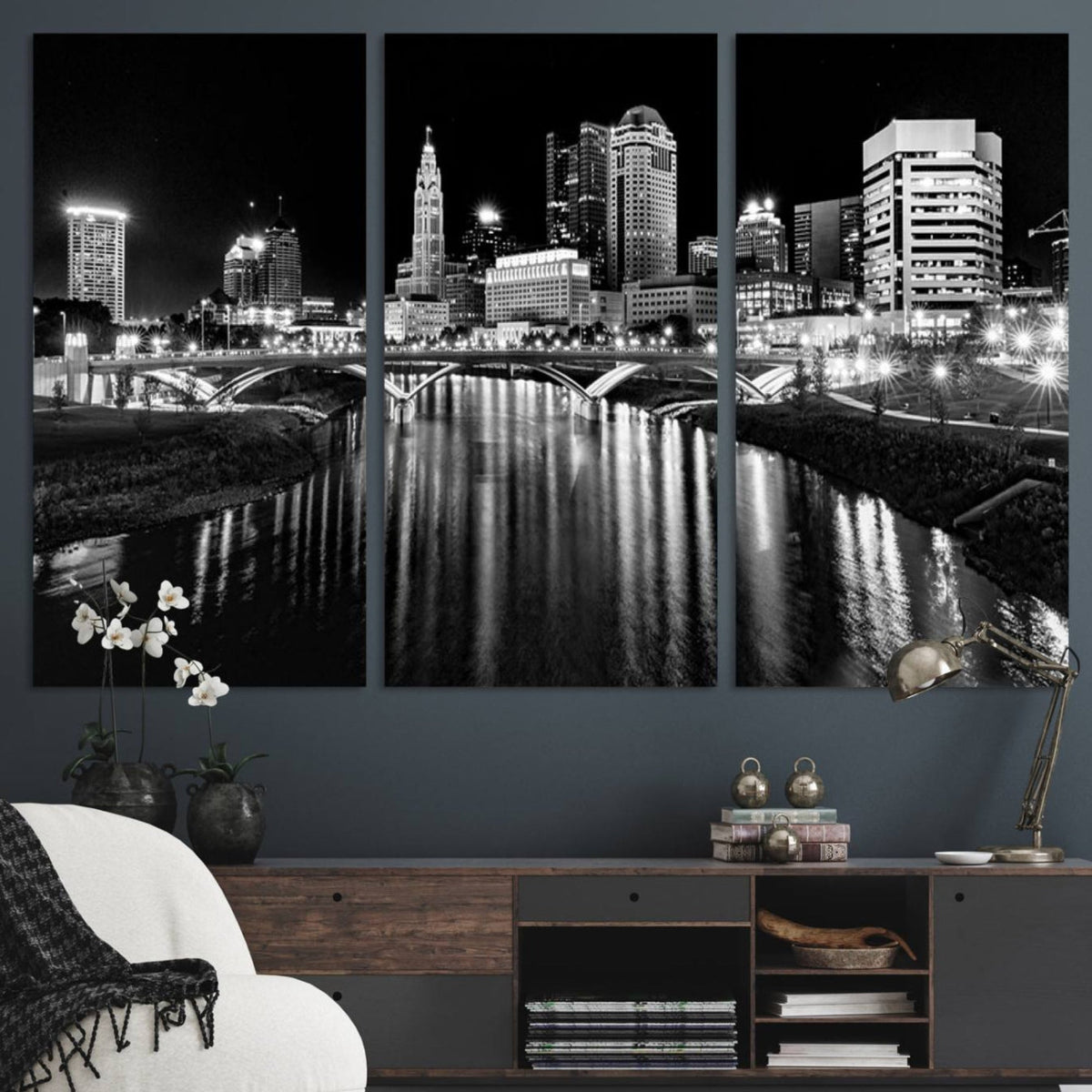 Columbus City Lights Skyline Black and White Wall Art