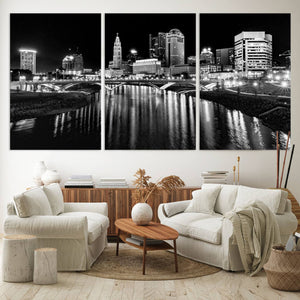 Columbus City Lights Skyline Black and White Wall Art