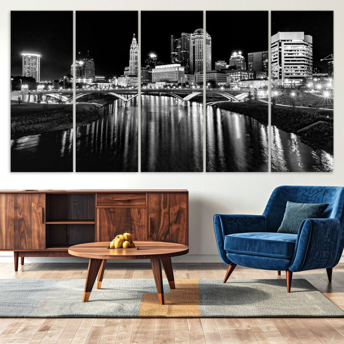 Columbus City Lights Skyline Black and White Wall Art