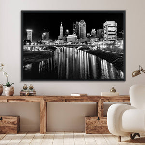 Columbus City Lights Skyline Black and White Wall Art