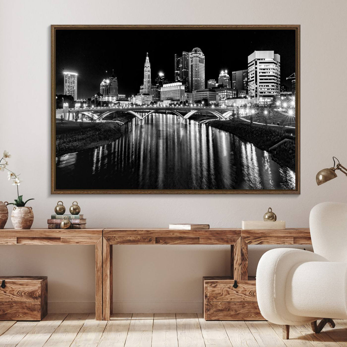 Columbus City Lights Skyline Black and White Wall Art