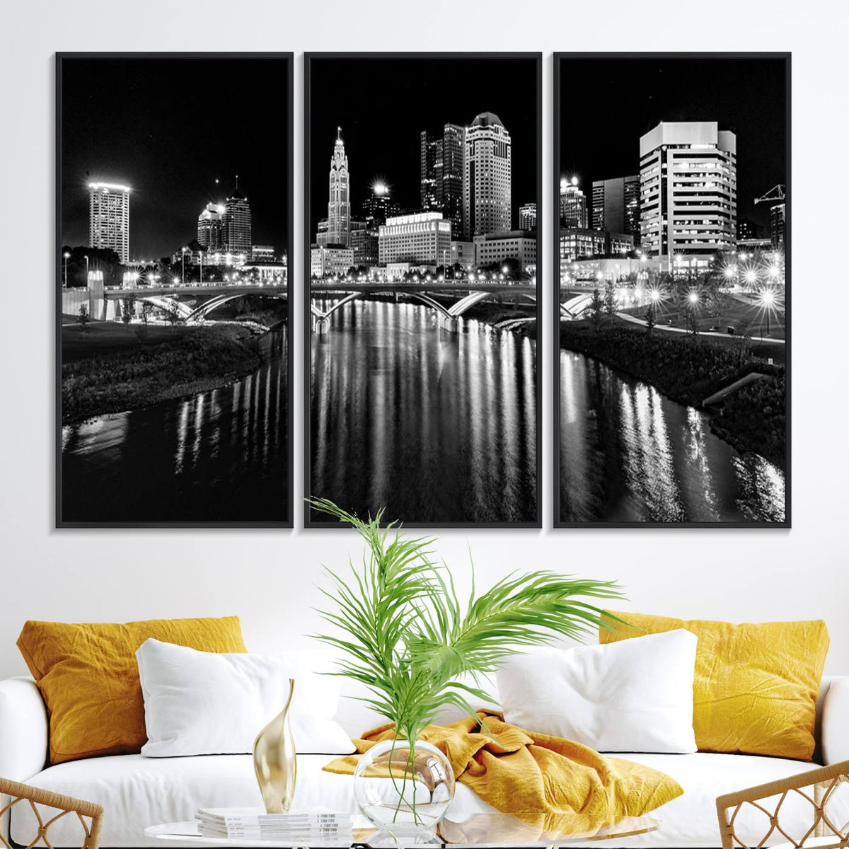 Columbus City Lights Skyline Black and White Wall Art