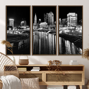 Columbus City Lights Skyline Black and White Wall Art