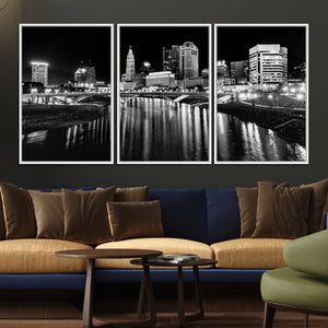 Columbus City Lights Skyline Black and White Wall Art