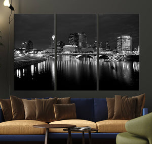 Columbus City Lights Skyline Canvas Print, Black and White