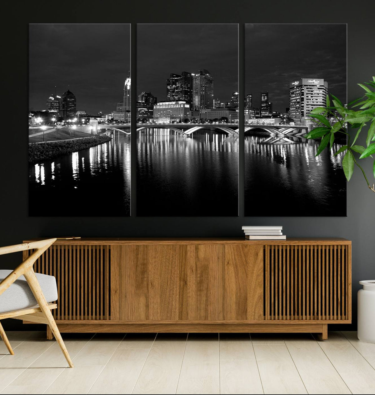 Columbus City Lights Skyline Canvas Print, Black and White