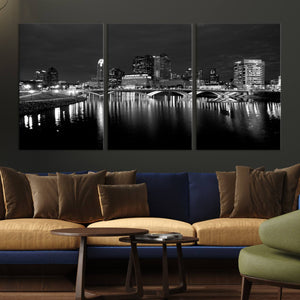 Columbus City Lights Skyline Canvas Print, Black and White