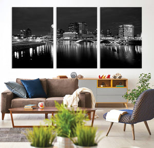 Columbus City Lights Skyline Canvas Print, Black and White