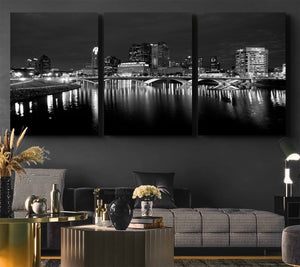 Columbus City Lights Skyline Canvas Print, Black and White