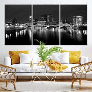 Columbus City Lights Skyline Canvas Print, Black and White
