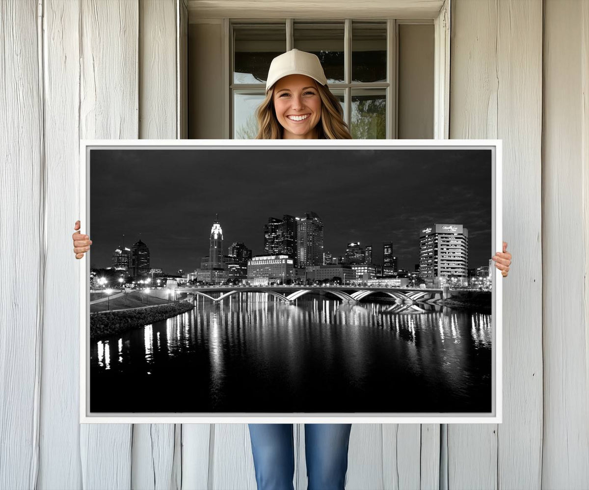Columbus City Lights Skyline Canvas Print, Black and White