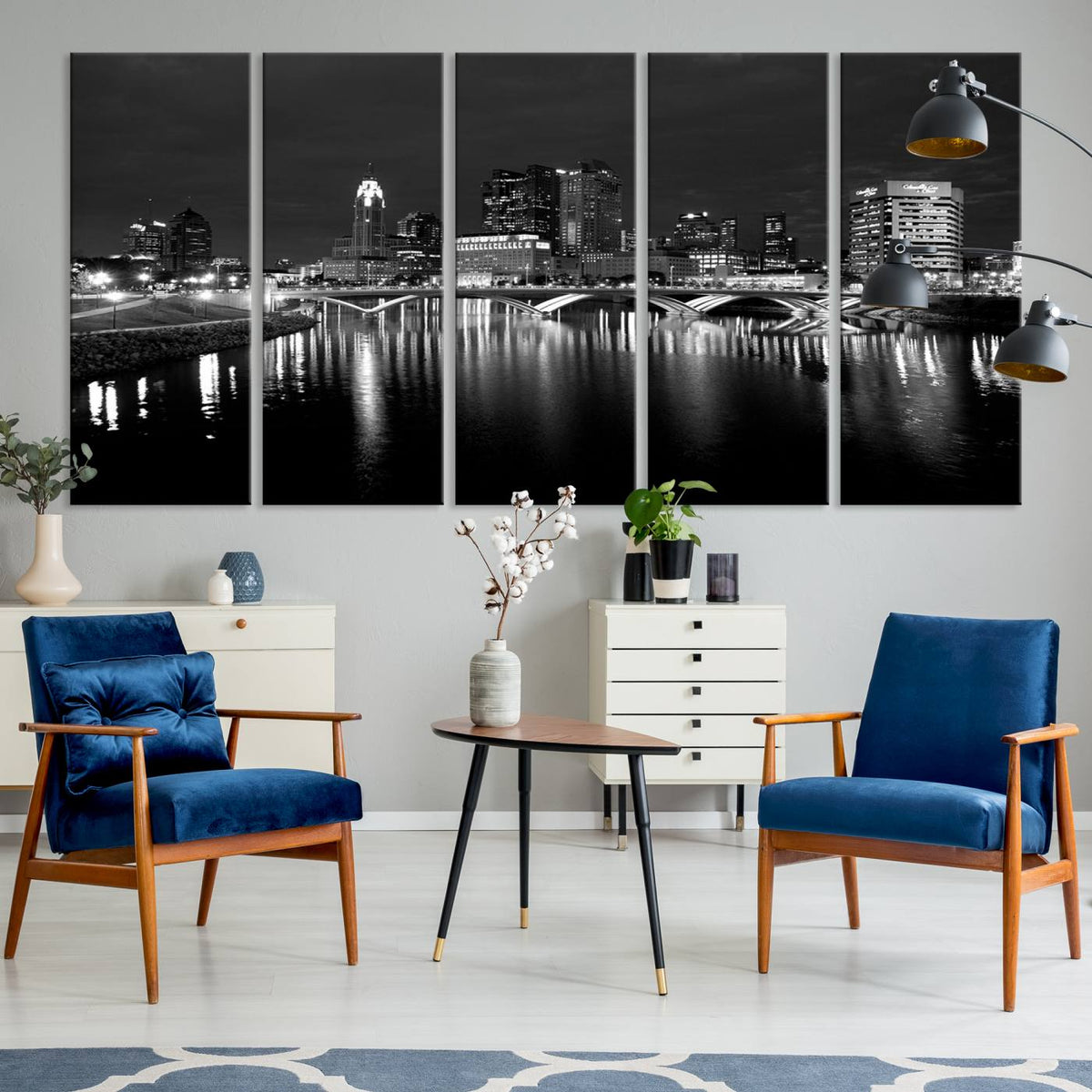 Columbus City Lights Skyline Canvas Print, Black and White