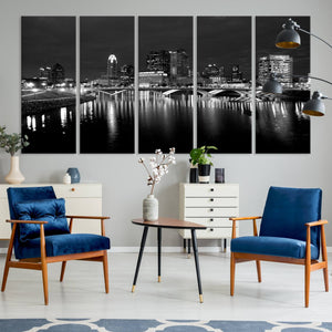 Columbus City Lights Skyline Canvas Print, Black and White