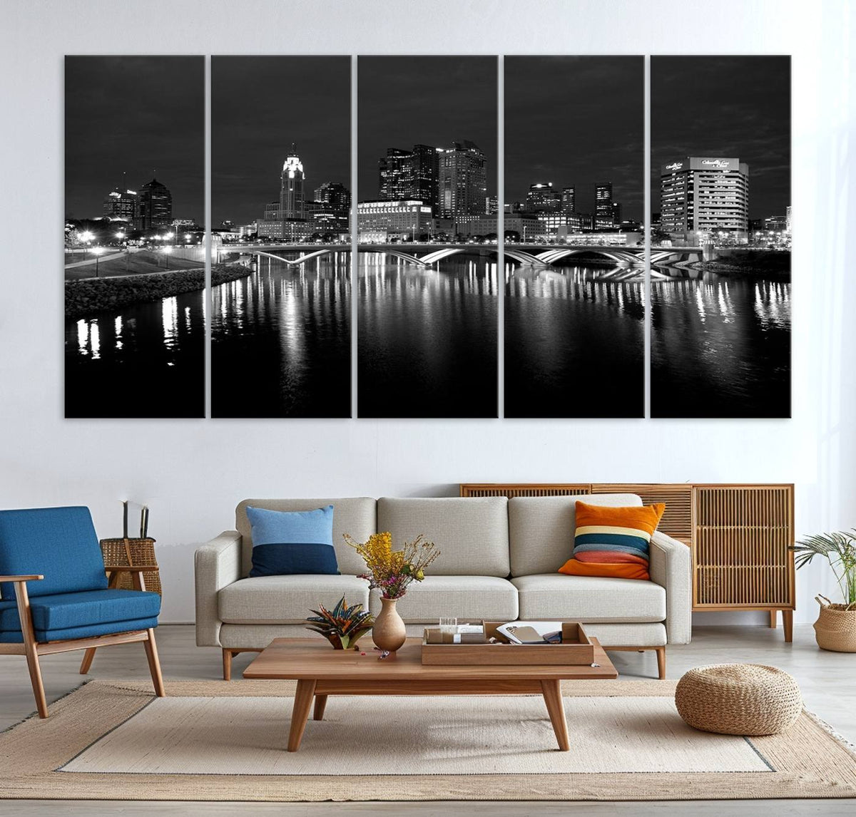 Columbus City Lights Skyline Canvas Print, Black and White