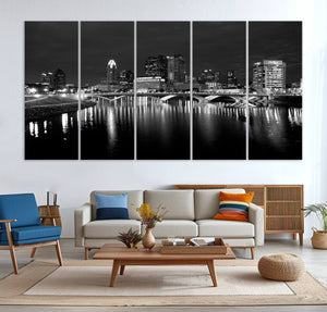 Columbus City Lights Skyline Canvas Print, Black and White