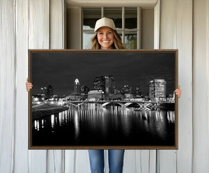 Columbus City Lights Skyline Canvas Print, Black and White
