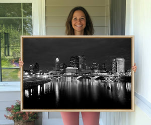 Columbus City Lights Skyline Canvas Print, Black and White