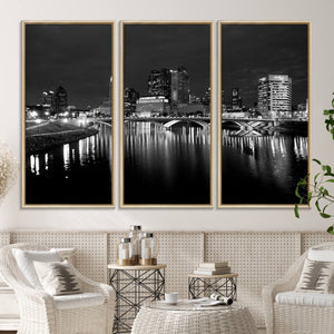 Columbus City Lights Skyline Canvas Print, Black and White