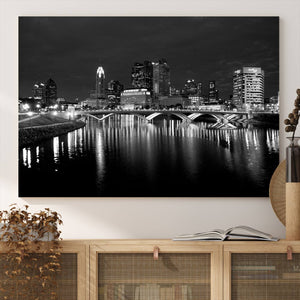 Columbus City Lights Skyline Canvas Print, Black and White
