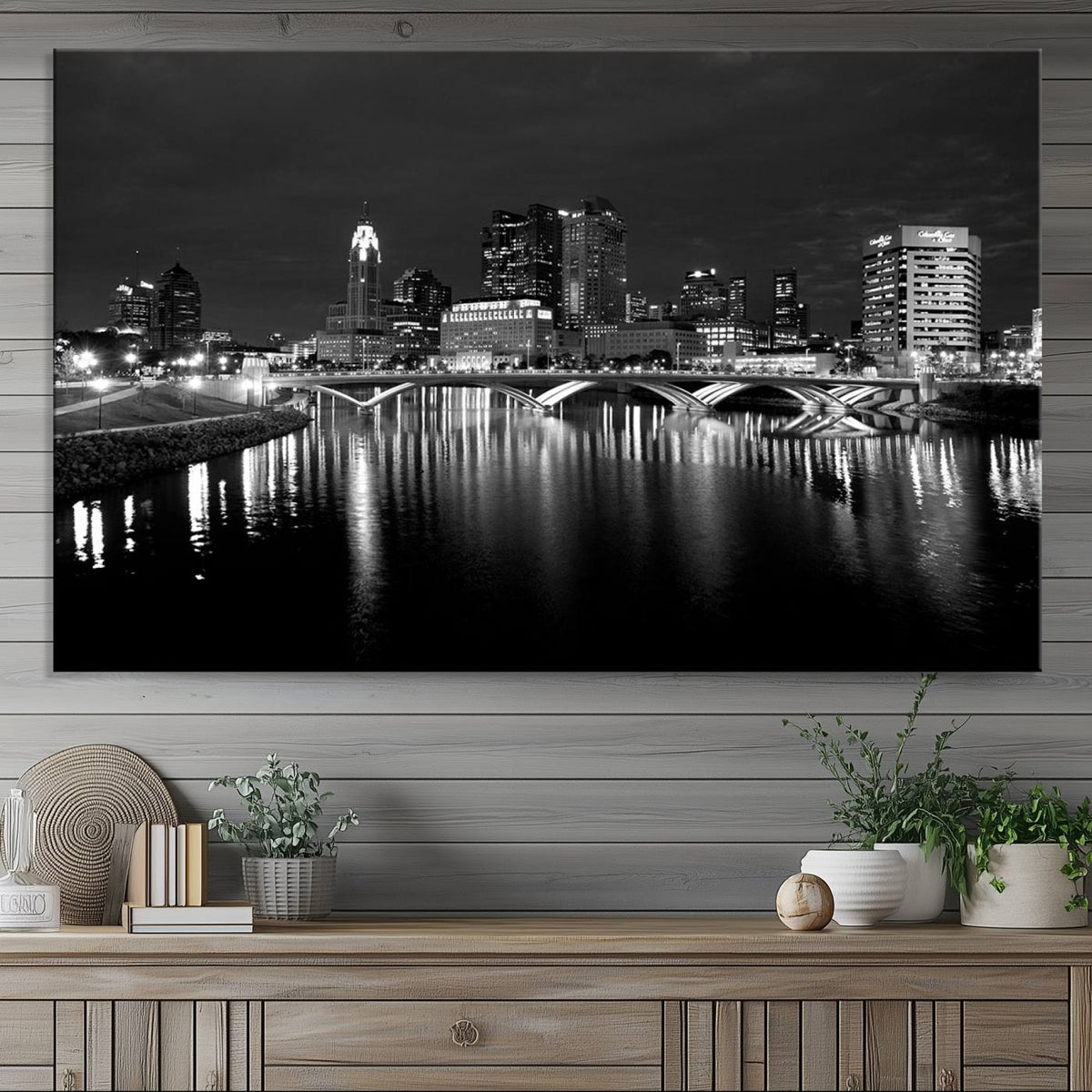 Columbus City Lights Skyline Canvas Print, Black and White