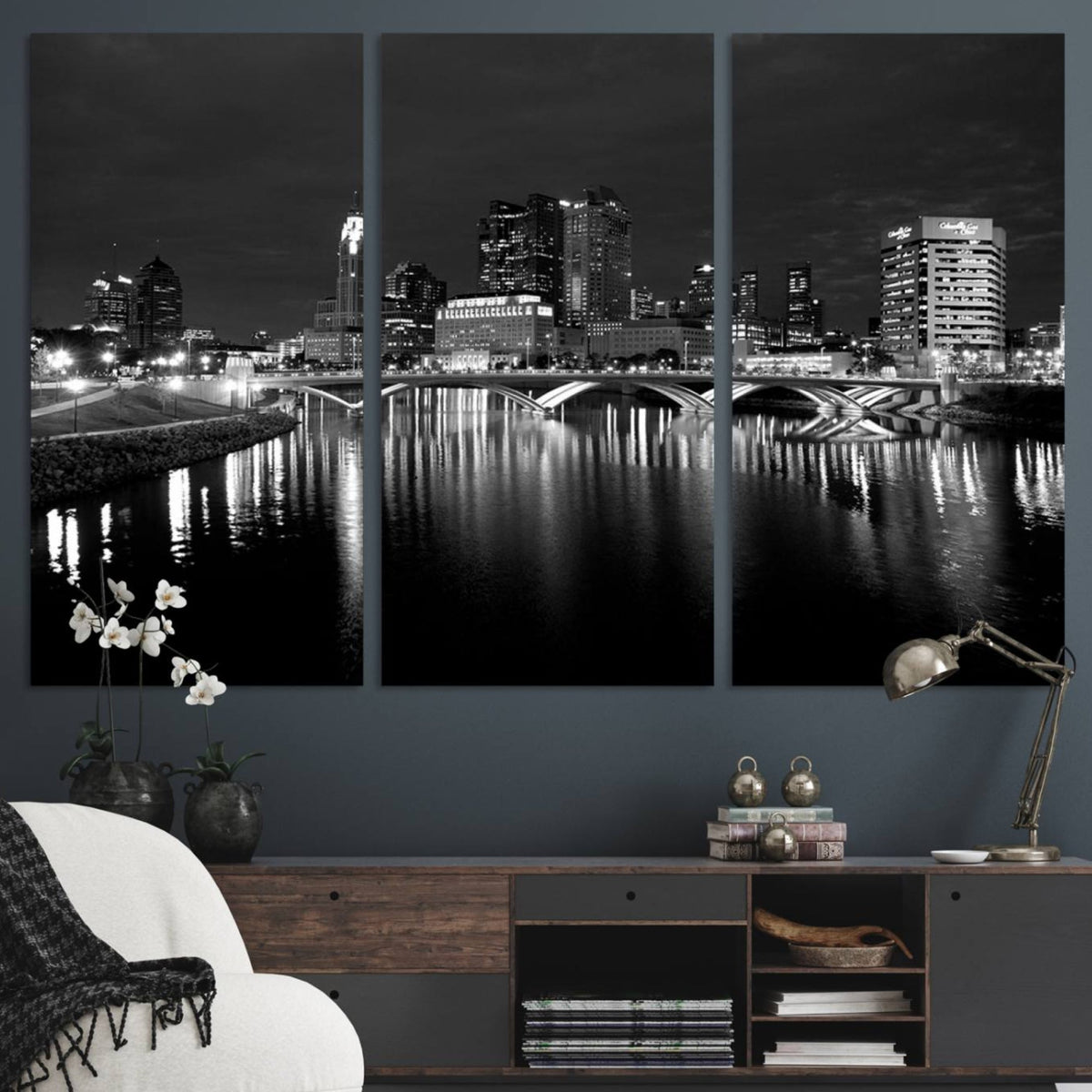Columbus City Lights Skyline Canvas Print, Black and White