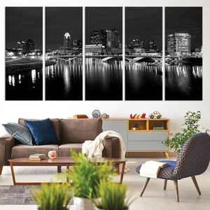 Columbus City Lights Skyline Canvas Print, Black and White