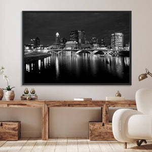 Columbus City Lights Skyline Canvas Print, Black and White