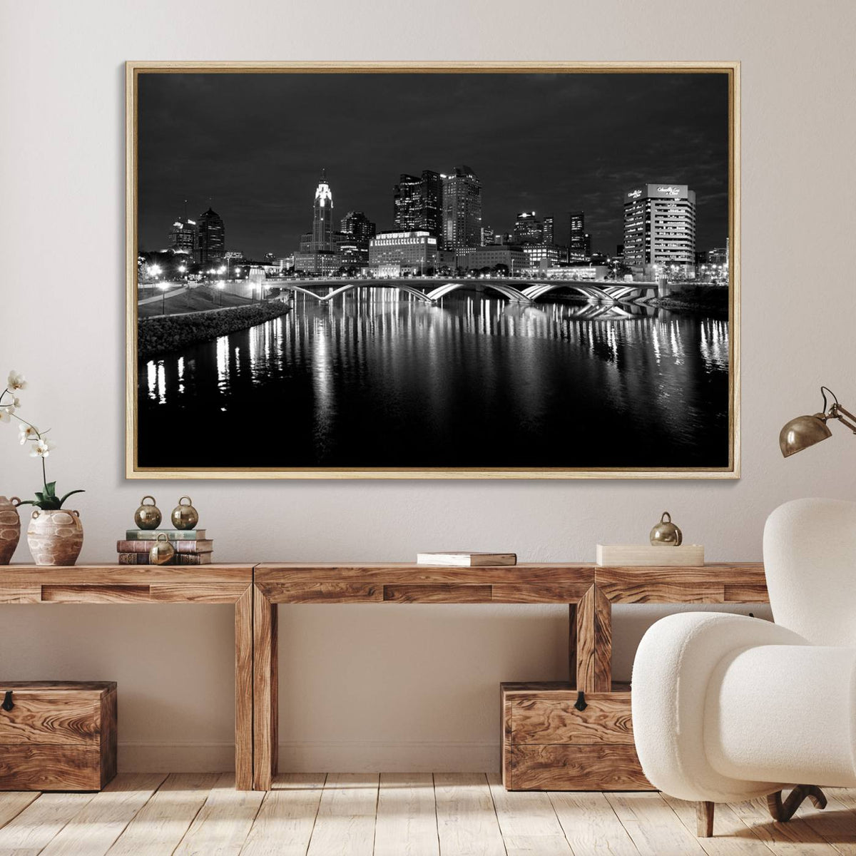 Columbus City Lights Skyline Canvas Print, Black and White