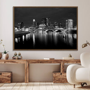 Columbus City Lights Skyline Canvas Print, Black and White