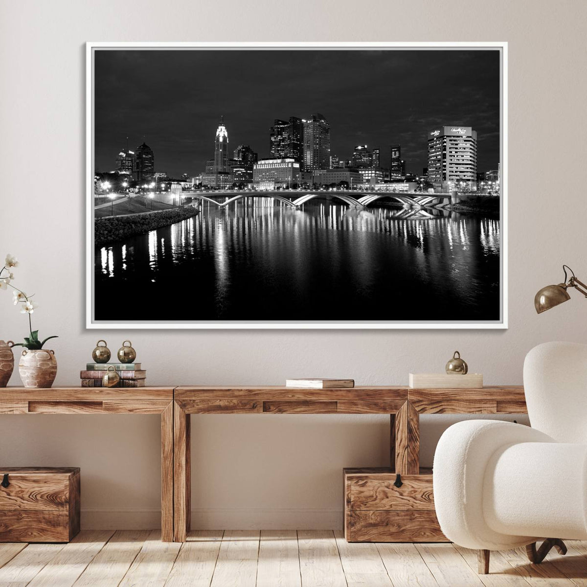 Columbus City Lights Skyline Canvas Print, Black and White