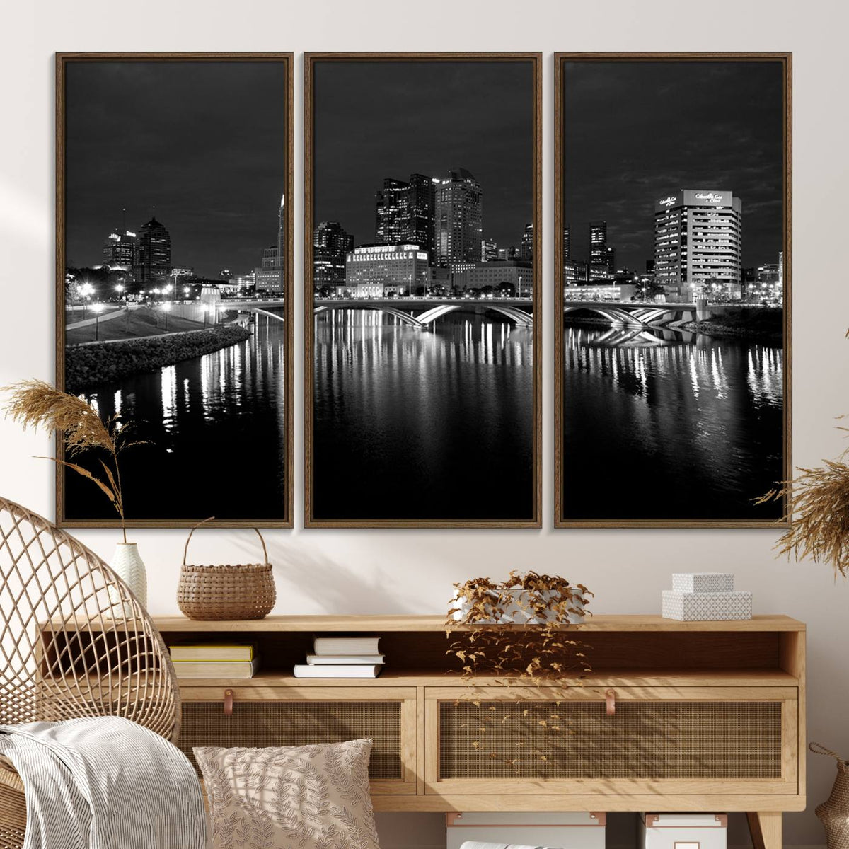 Columbus City Lights Skyline Canvas Print, Black and White