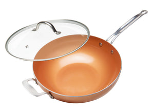 12" Masterpan Ceramic Nonstick Copper Color Wok with Glass Lid