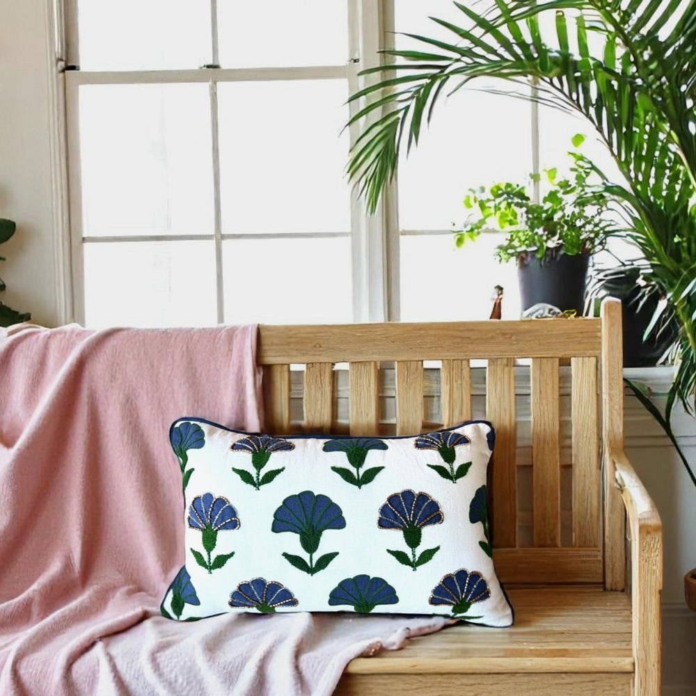 Embroidered Floral Blue Boho Accent Throw Pillow