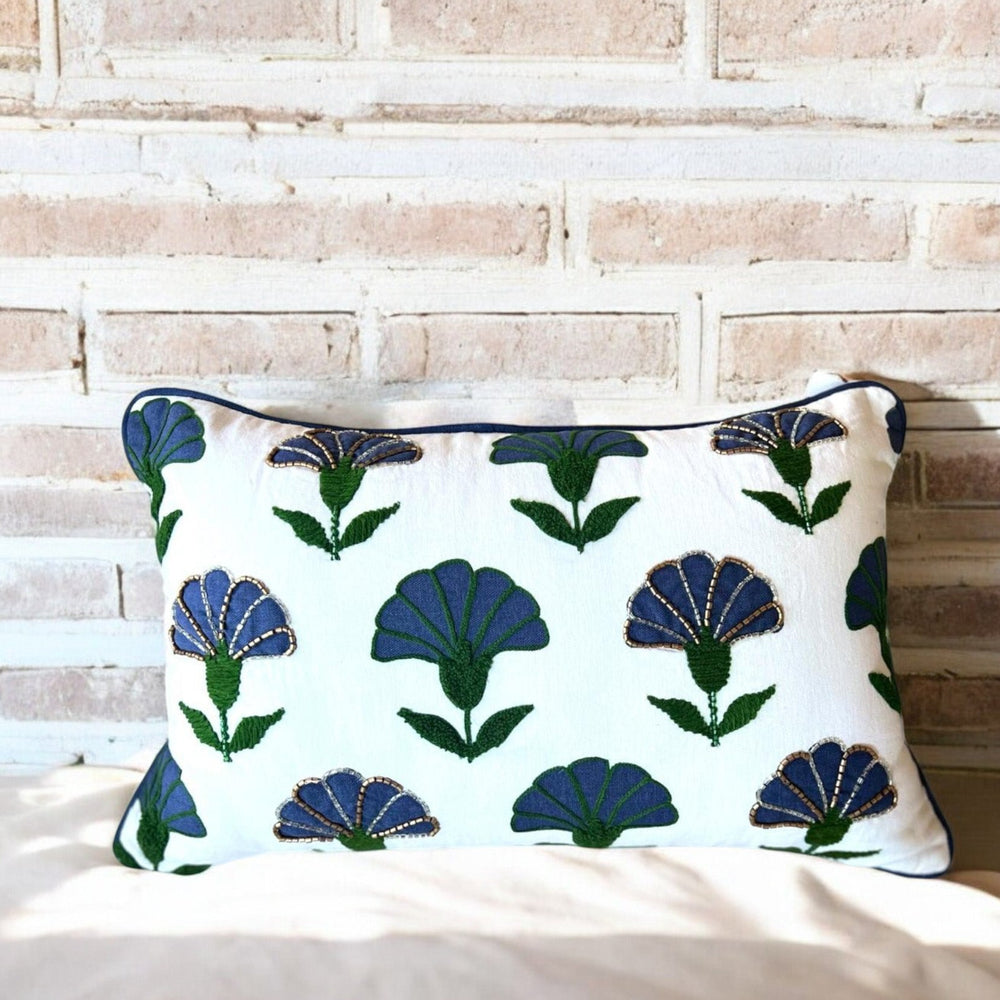 Embroidered Floral Blue Boho Accent Throw Pillow