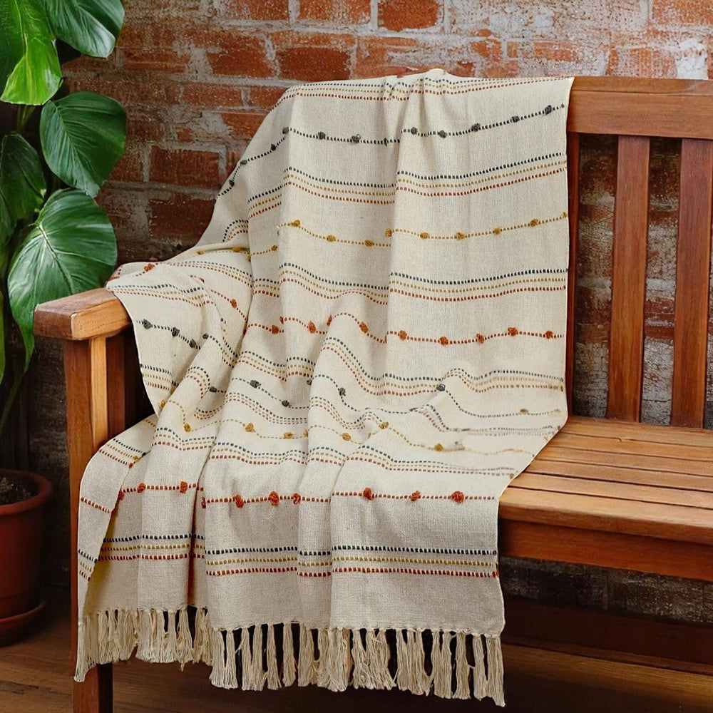 Hand Woven Cream Throw Blanket Striped with Tufts and Tassels