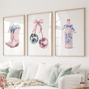 Cherries Disco Ball Preppy Pink Wall Art Prints