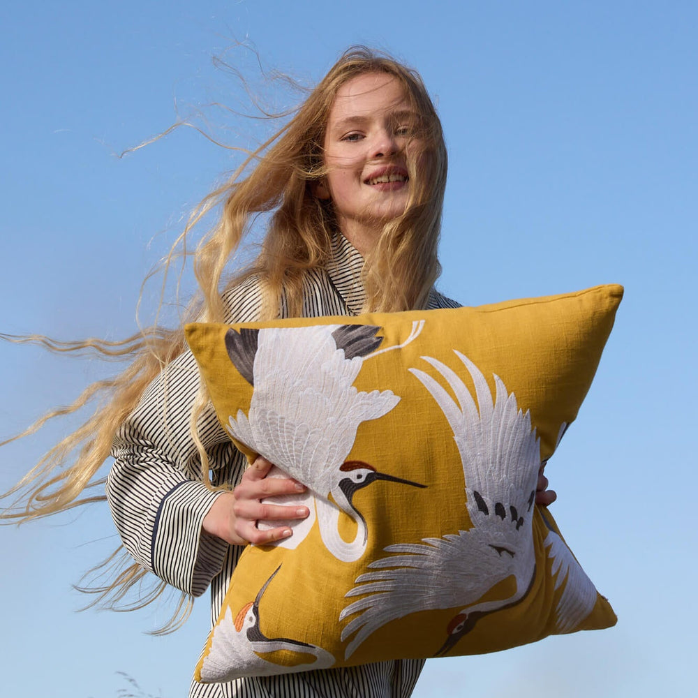 Crane Embroidered Throw Pillow