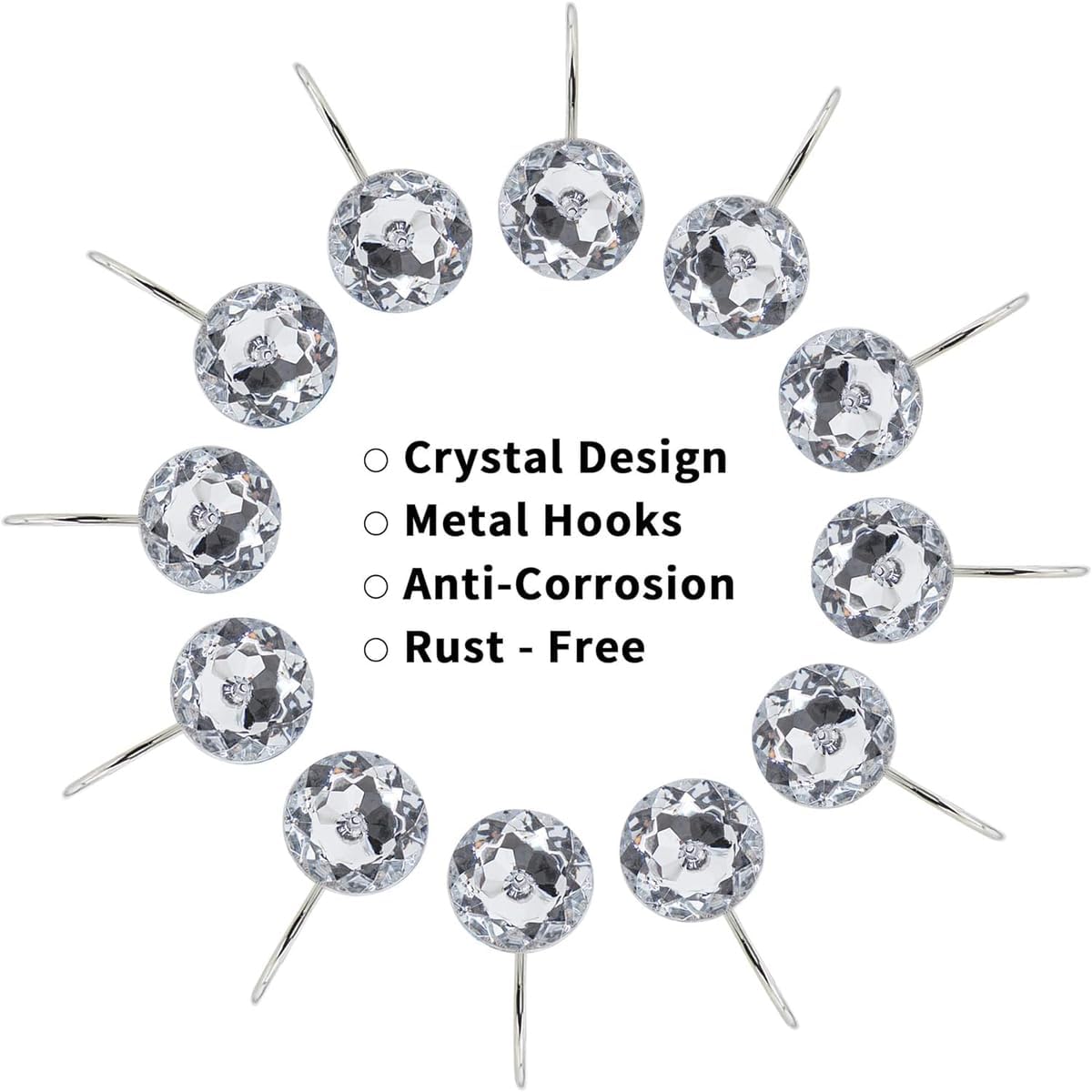 Set of 12 Rust Resistant Shower Curtain Hooks - 6 Designs