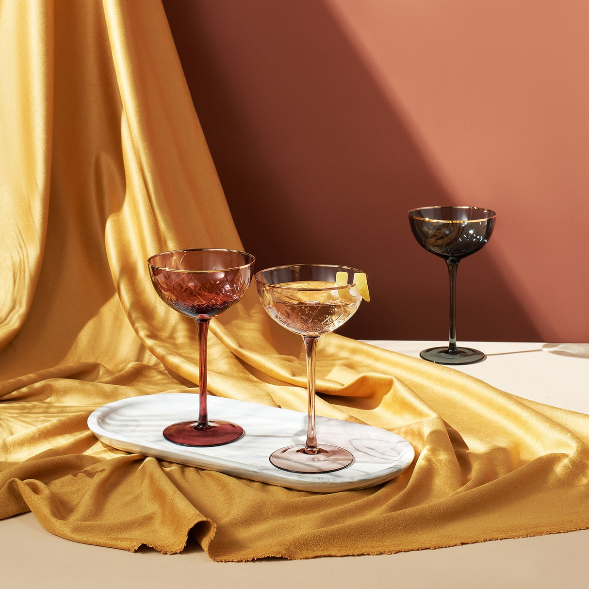 Tonal Gold Rim Champagne Coupe, Cocktail Glassware, Set of 6
