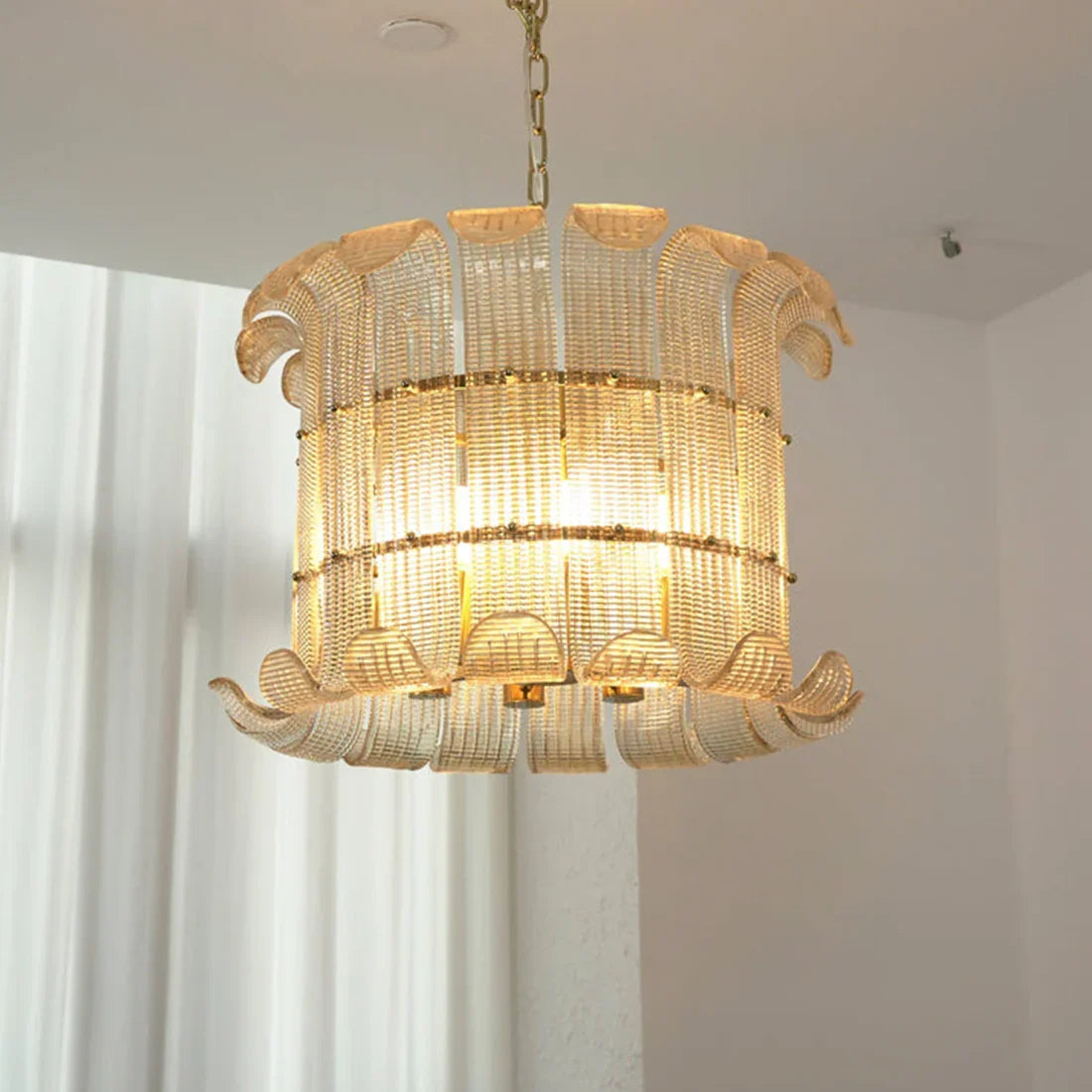 Curved Ribbed Glass Drum Chandelier – Gold Slat Pendant Light E12/E14