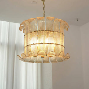 Curved Ribbed Glass Drum Chandelier – Gold Slat Pendant Light E12/E14