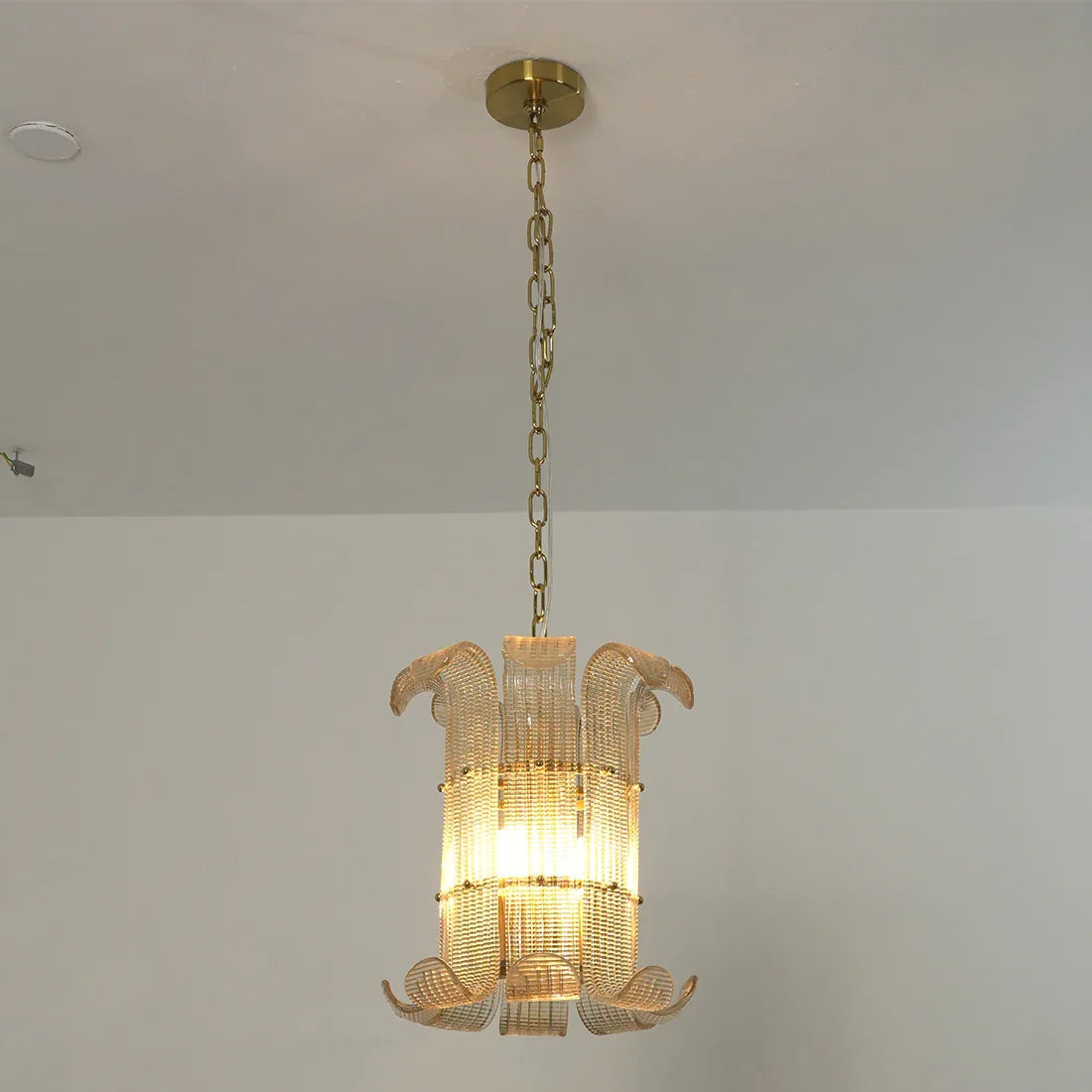 Curved Ribbed Glass Drum Chandelier – Gold Slat Pendant Light E12/E14