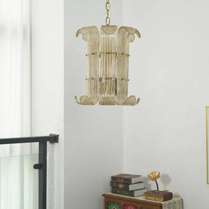 Curved Ribbed Glass Drum Chandelier – Gold Slat Pendant Light E12/E14