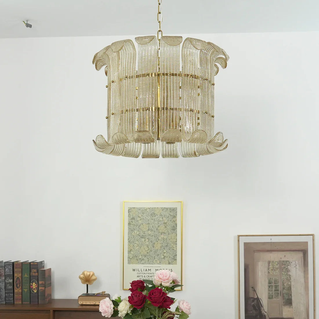 Curved Ribbed Glass Drum Chandelier – Gold Slat Pendant Light E12/E14