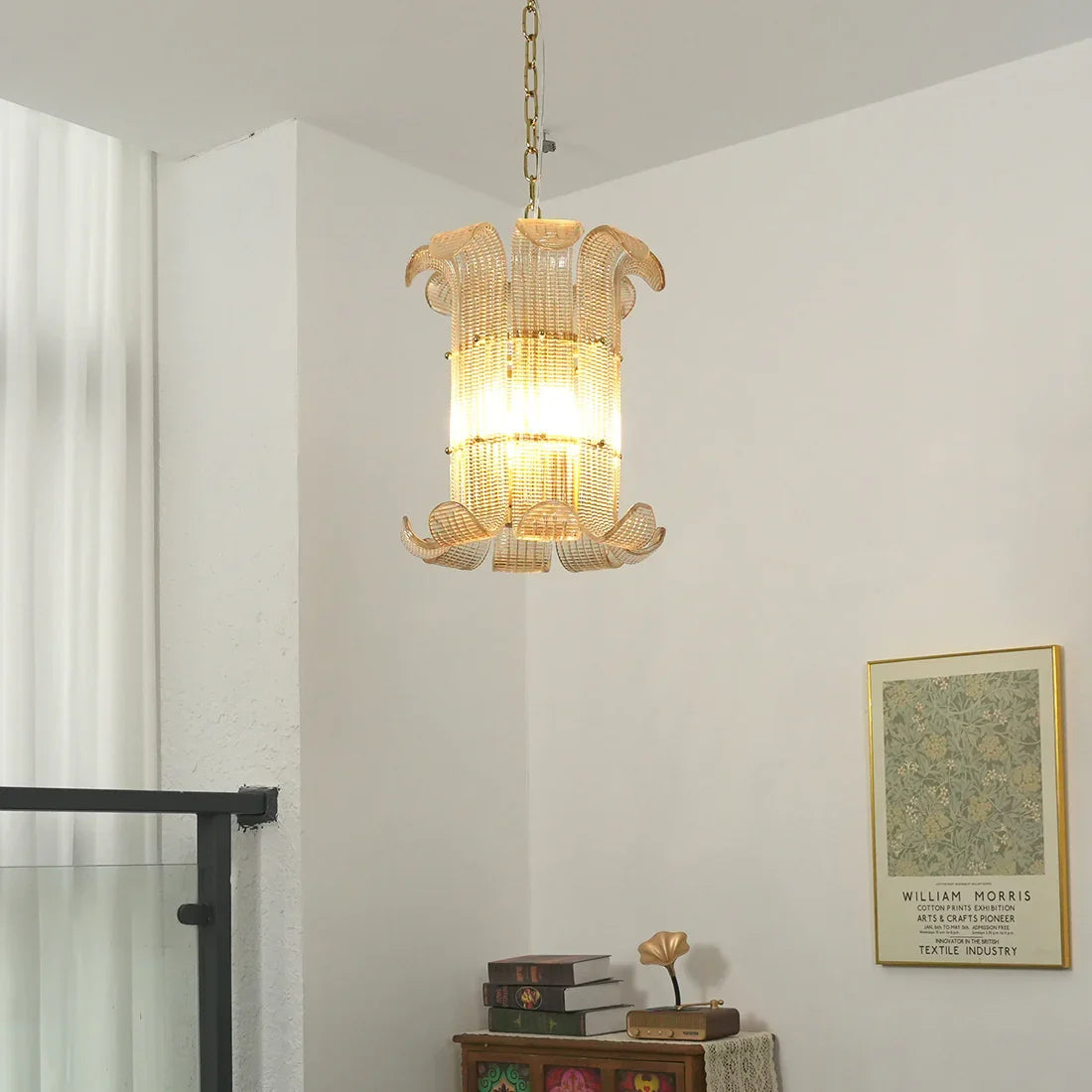 Curved Ribbed Glass Drum Chandelier – Gold Slat Pendant Light E12/E14