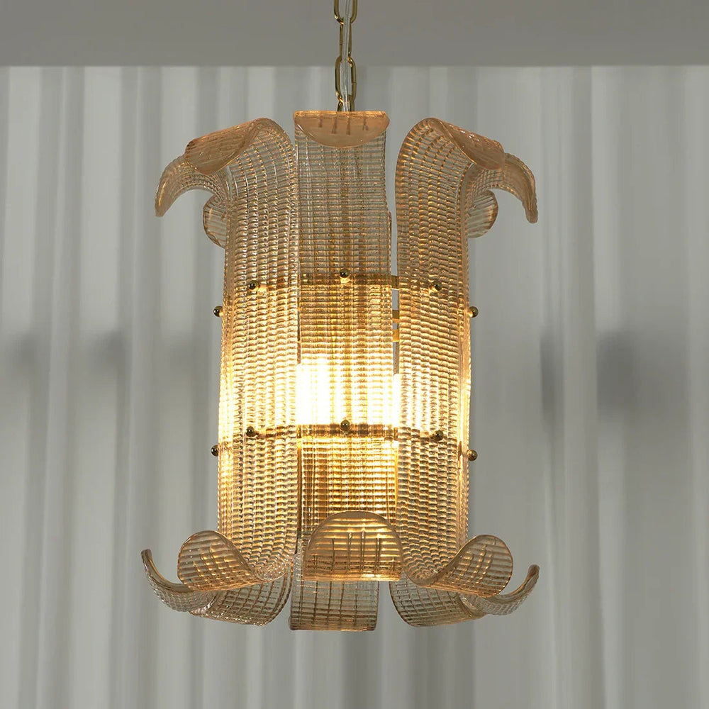 Curved Ribbed Glass Drum Chandelier – Gold Slat Pendant Light E12/E14
