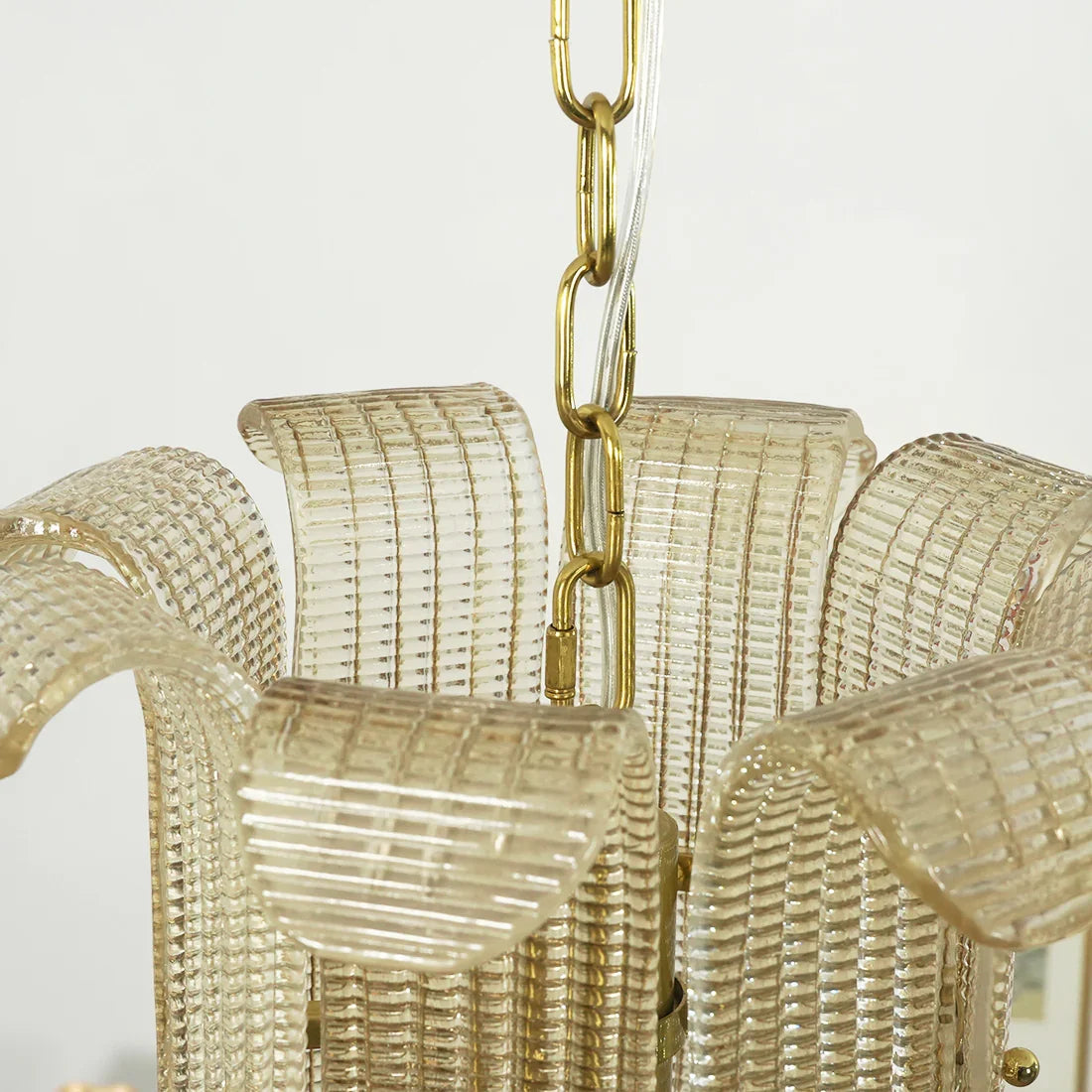 Curved Ribbed Glass Drum Chandelier – Gold Slat Pendant Light E12/E14