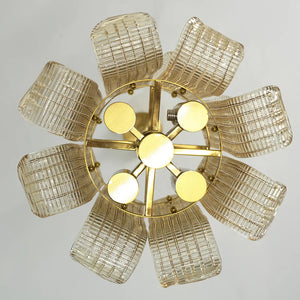 Curved Ribbed Glass Drum Chandelier – Gold Slat Pendant Light E12/E14