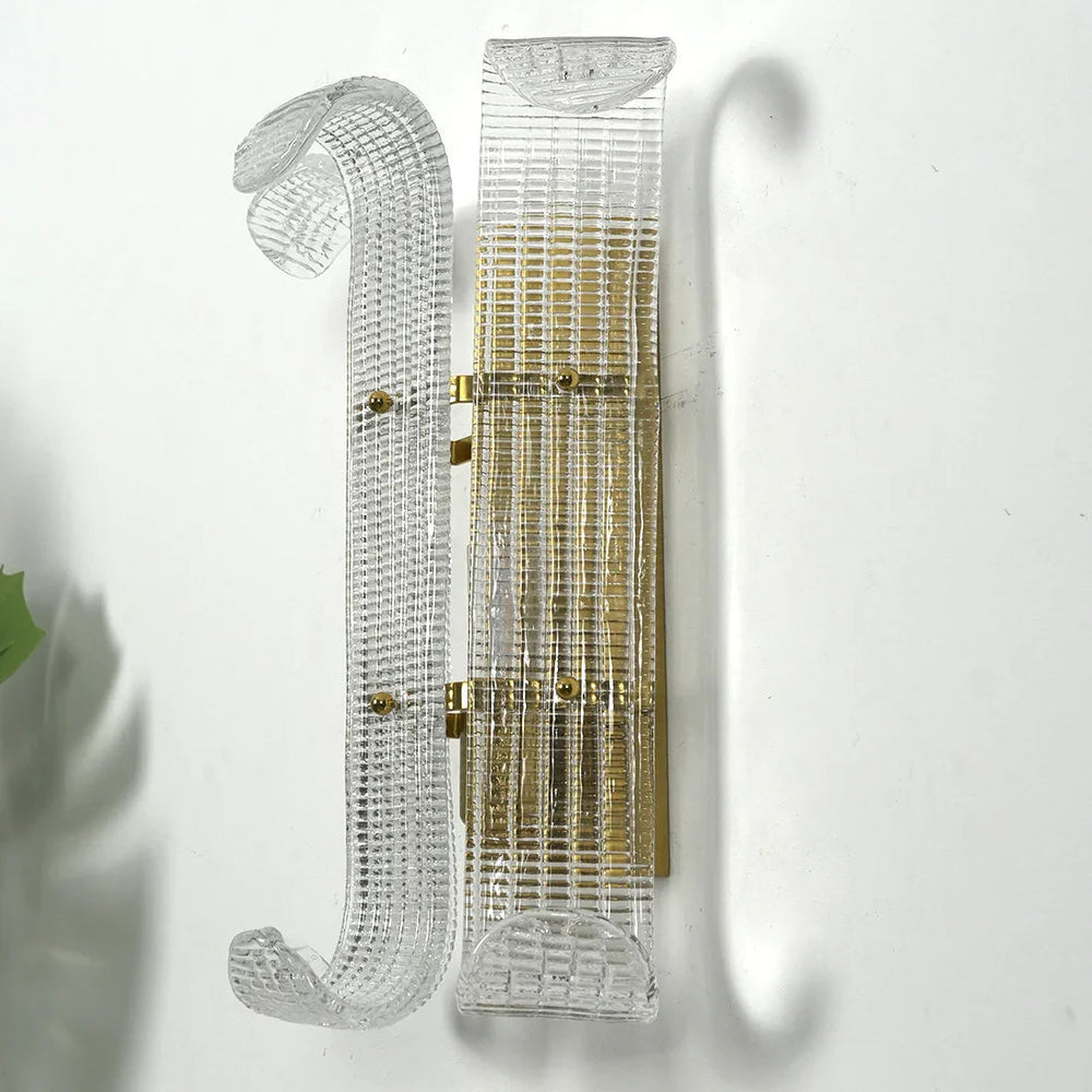 Curved Glass Drum Wall Lamp – Vintage Gold Black Grid Glass Sconce E12/E14