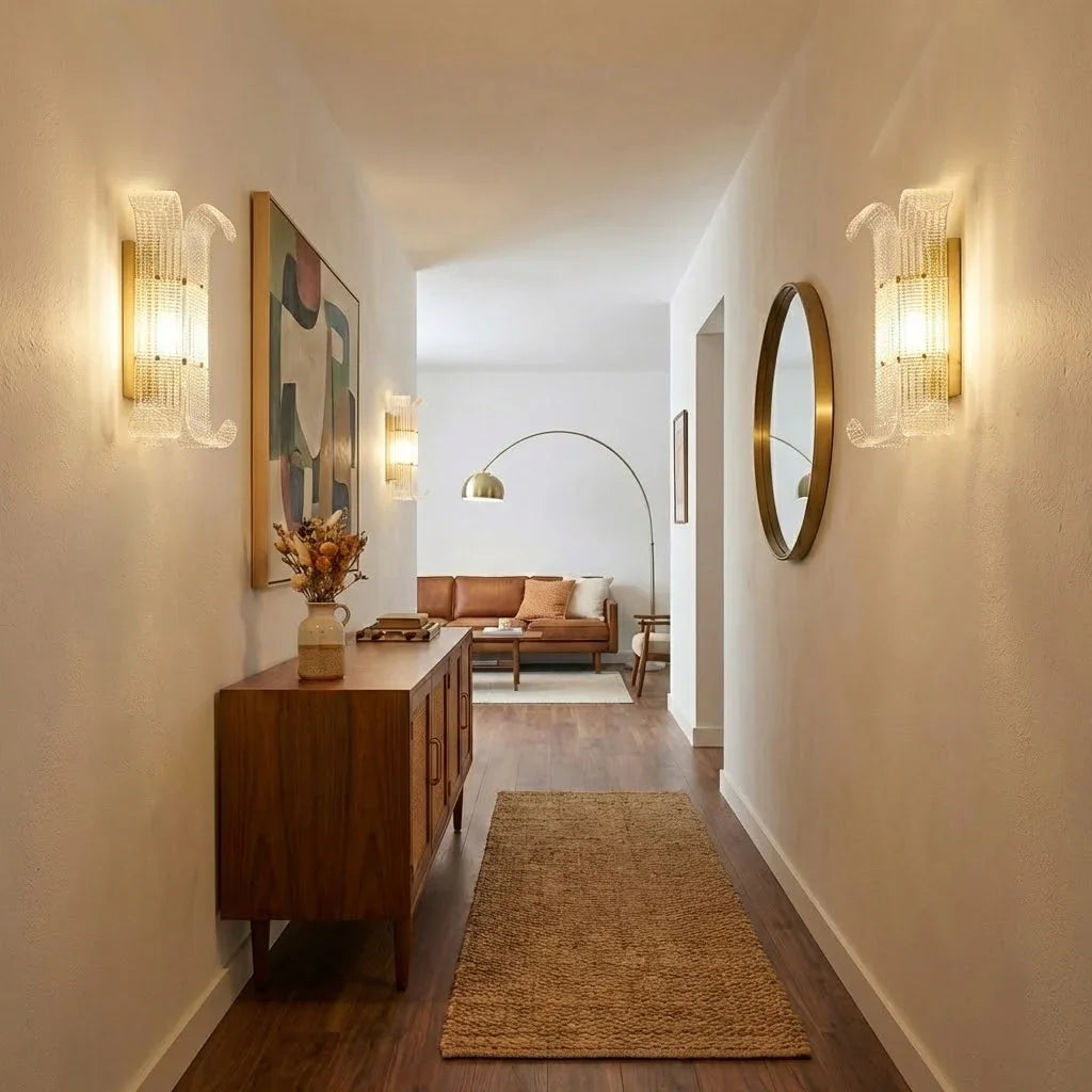 Curved Glass Drum Wall Lamp – Vintage Gold Black Grid Glass Sconce E12/E14